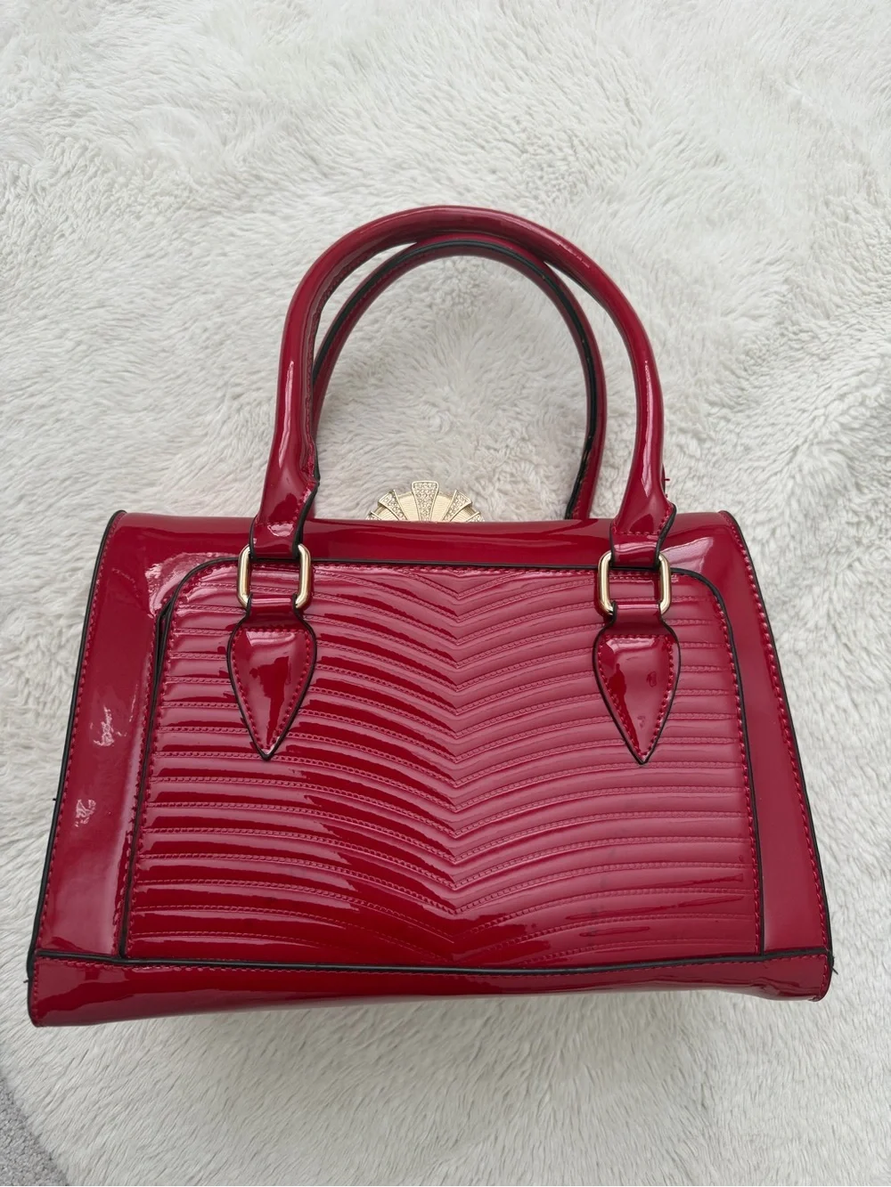 Patent Leather Red Top-Handle Bag with Gold Hardware